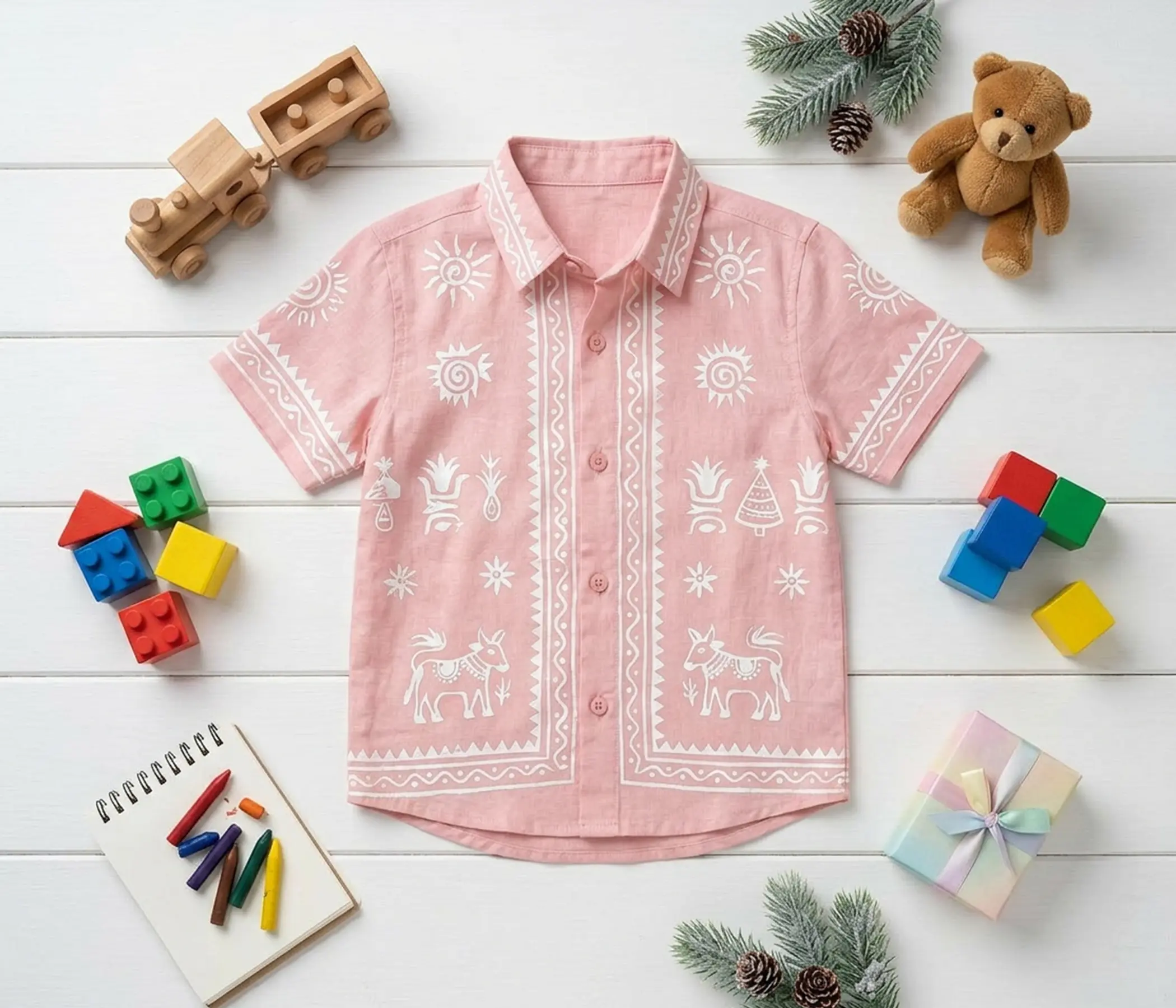 Hand Painted Pink Cotton Shirt for Boys | Ethnic Casual Wear Kids Shirt